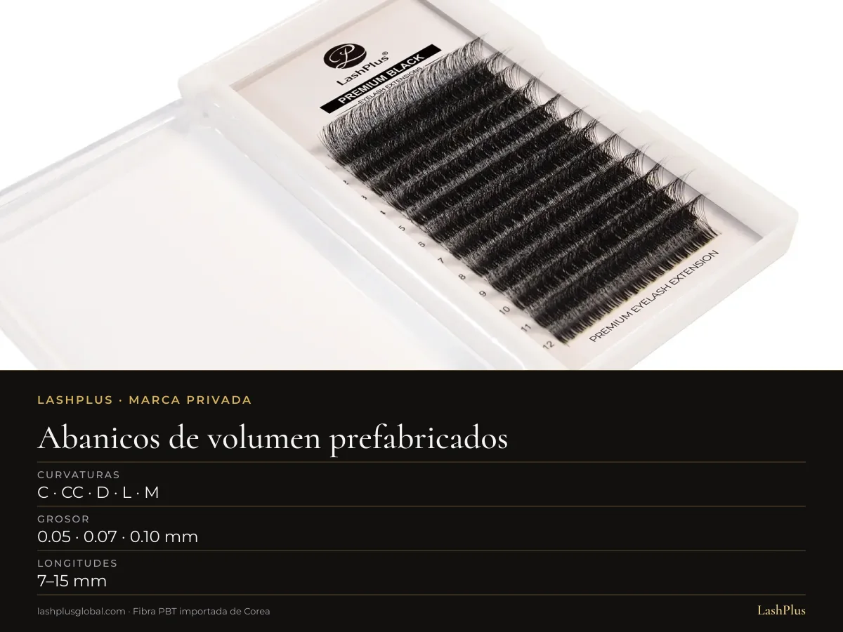 Bandeja LashPlus de abanicos de volumen prefabricados para extensiones de pestañas: C · CC · D · L · M curvatura, 0.05 · 0.07 · 0.10 mm, 7–15 mm