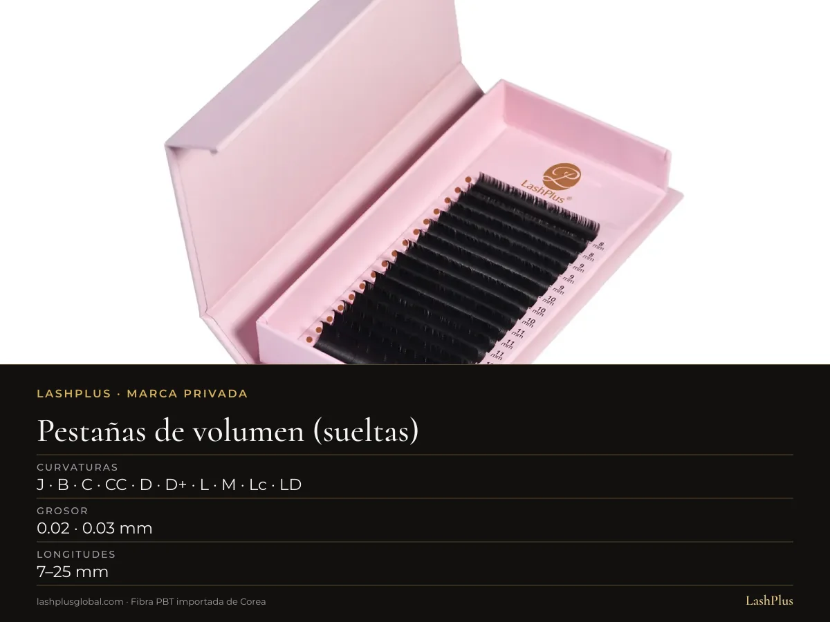 Bandeja LashPlus de volumen ruso suelto, base puntiaguda, para abanicos a mano: J · B · C · CC · D · D+ · L · M · Lc · LD curvatura, 7–25 mm