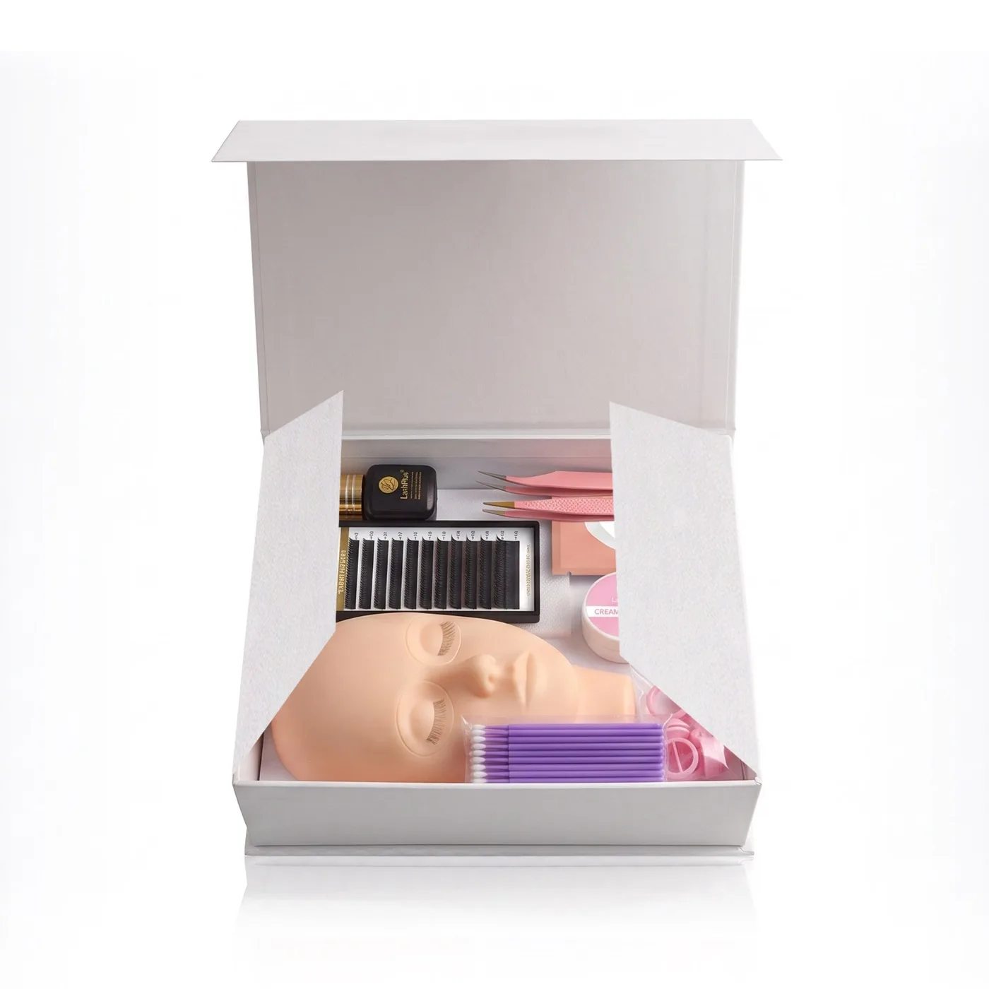 Kit de inicio para extensiones de pestañas marca privada LashPlus — caja magnética con cabeza de práctica, pinzas, bandeja de pestañas, adhesivo, remover, anillo para adhesivo, parches para ojos y microcepillos